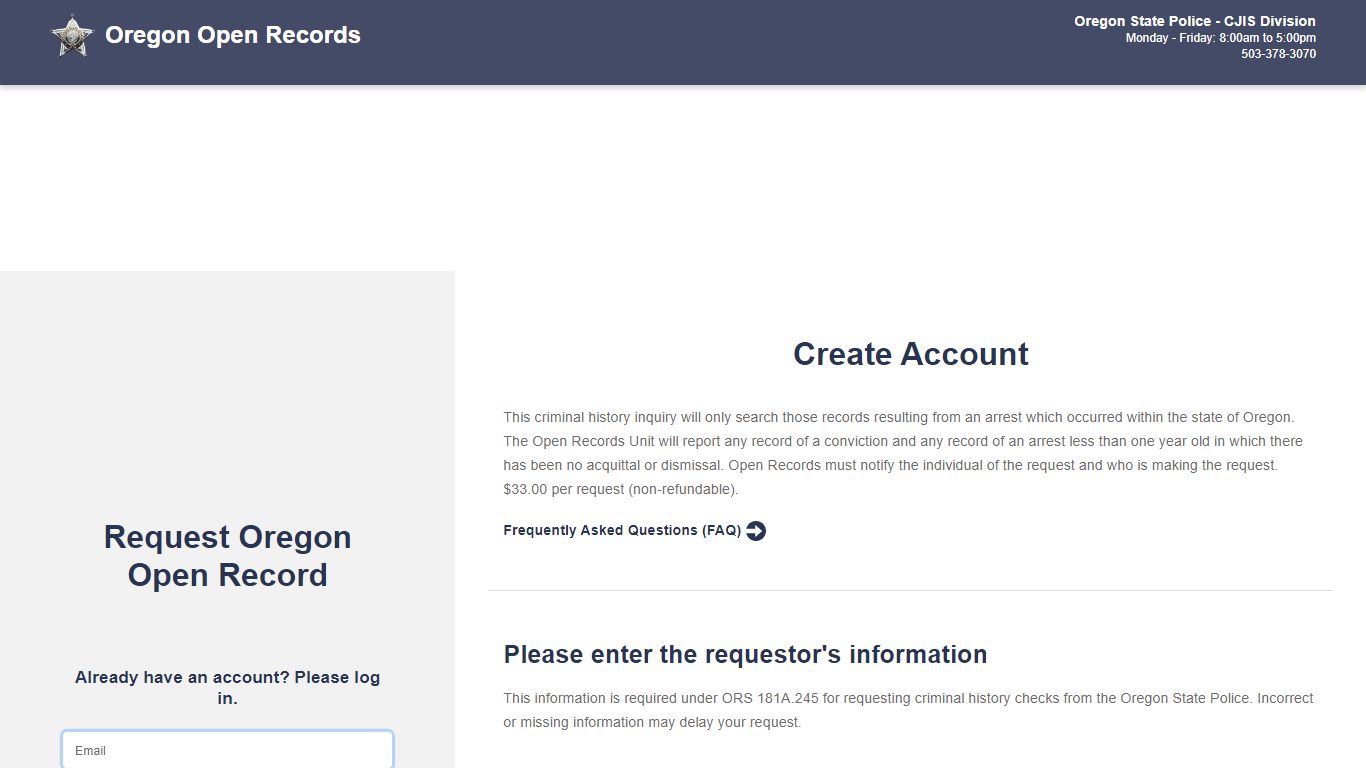 Open Record Login - Oregon